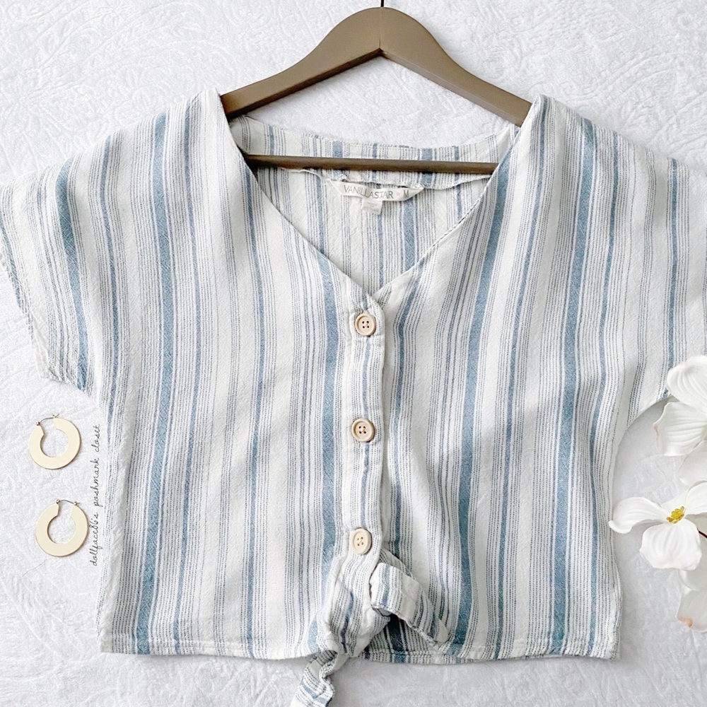 Cropped Linen Stripped Button Down Top